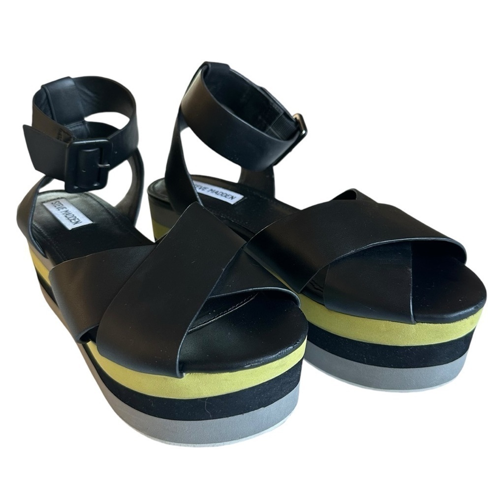Steve Madden Macer Platform Sandals Black Yellow Chunky Size 9.5 - Picture 3 of 16